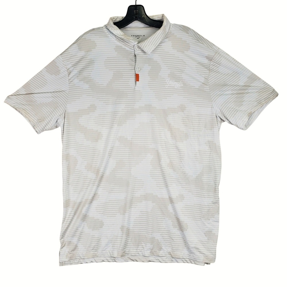 YoungLA Polo Shirt Mens XXL Cream White Striped Camo Golfcore Athletic Sport